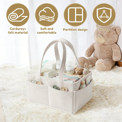 Panier de rangement pliable en velours côtelé avec poignées pour couches, essentiels et accessoires de nouveau-né