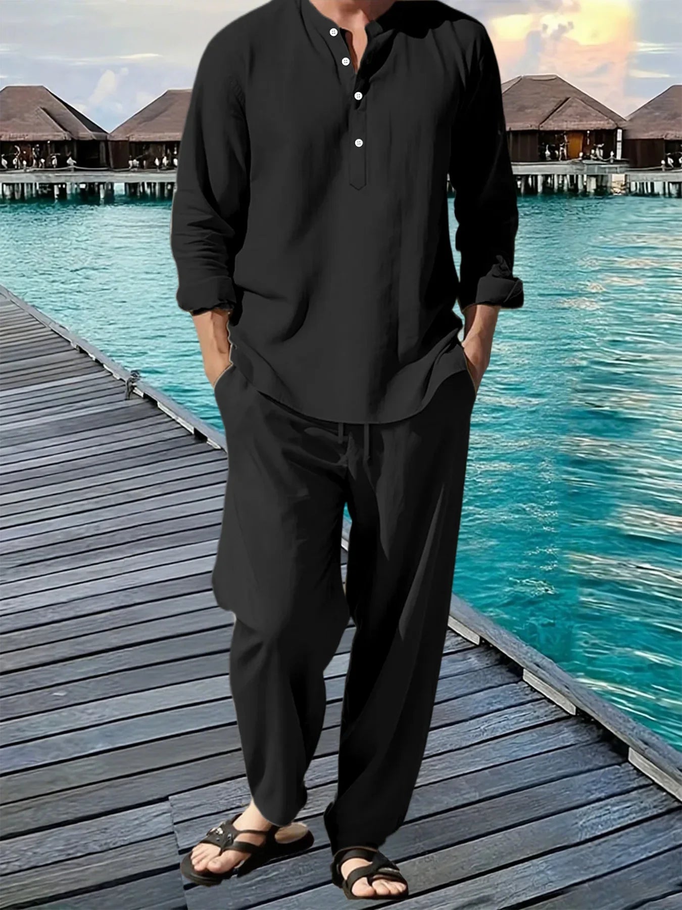 Conjunto de camisa y pantalón de lino de 2 piezas para hombre – Atuendo transpirable de verano para vacaciones en la playa, top informal de manga larga con pantalones sueltos