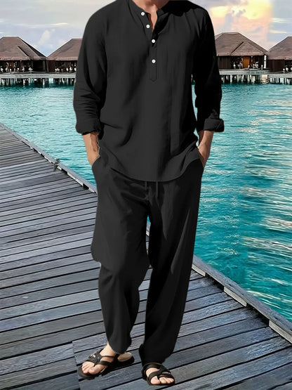 Conjunto de camisa y pantalón de lino de 2 piezas para hombre – Atuendo transpirable de verano para vacaciones en la playa, top informal de manga larga con pantalones sueltos
