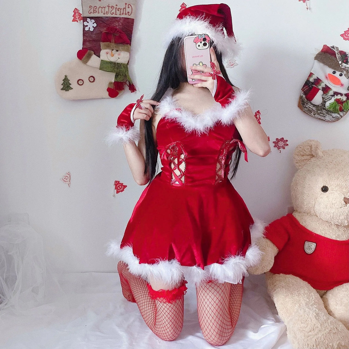 Women's Sexy Christmas Lolita Santa Costume, Red and White Short Skirt Dress, Elegant Santa Claus Cosplay Outfit for Christmas Parties, Holiday Events and Roleplay Garment