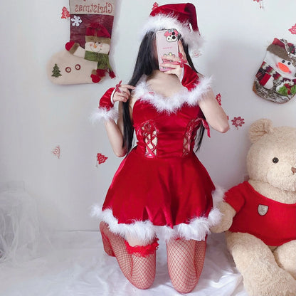 Women's Sexy Christmas Lolita Santa Costume, Red and White Short Skirt Dress, Elegant Santa Claus Cosplay Outfit for Christmas Parties, Holiday Events and Roleplay Garment