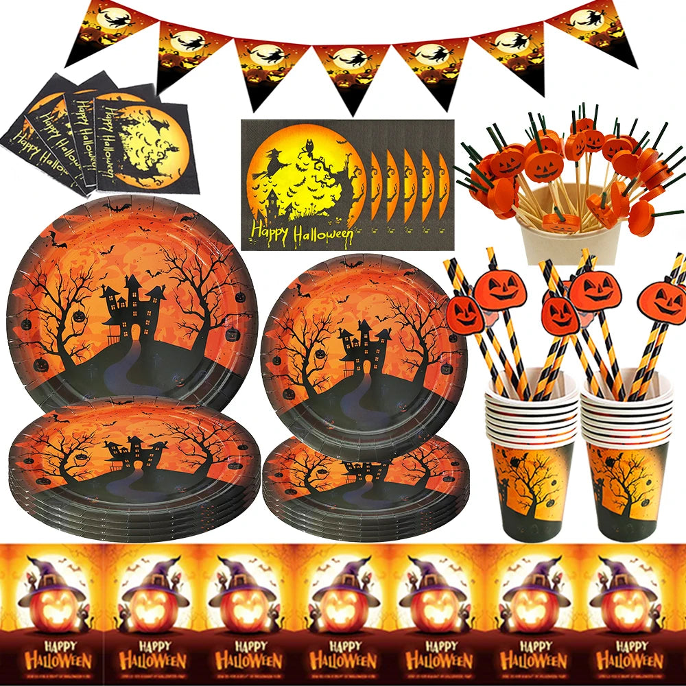 Halloween Disposable Tableware Set 2026, Pumpkin-Themed Paper Plates, Cups, Napkins and Tablecloth, Halloween Party Supplies, Spooky Dining Table Decorations for Home and Parties