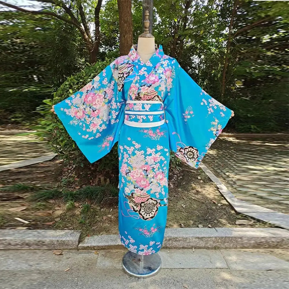 Japanese Kimono Cosplay Costume – Floral Sakura Printed Dress, Traditional Asian Style Kimono Outfit for Women Halloween & Party Wear