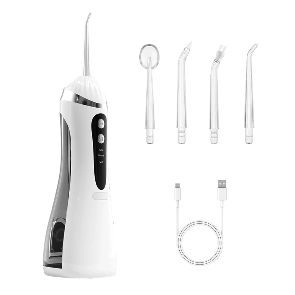 Irrigador bucal portátil USB recargable – Irrigador bucal impermeable IP65 con 3 modos de limpieza y 4 boquillas