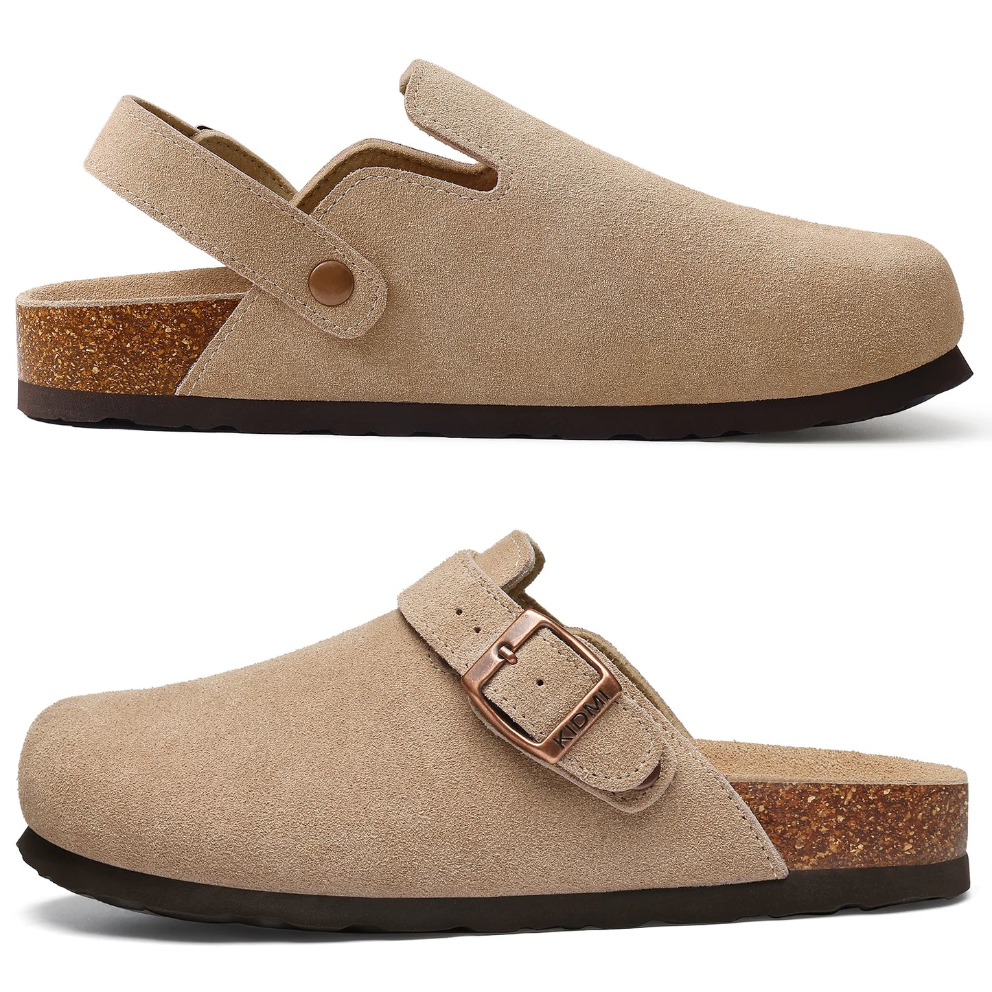 Kidmi Zuecos de ante de vaca para mujer y hombre, mules con plantilla de corcho, correa ajustable y soporte para el arco del pie