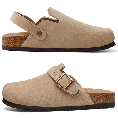 Kidmi Zuecos de ante de vaca para mujer y hombre, mules con plantilla de corcho, correa ajustable y soporte para el arco del pie
