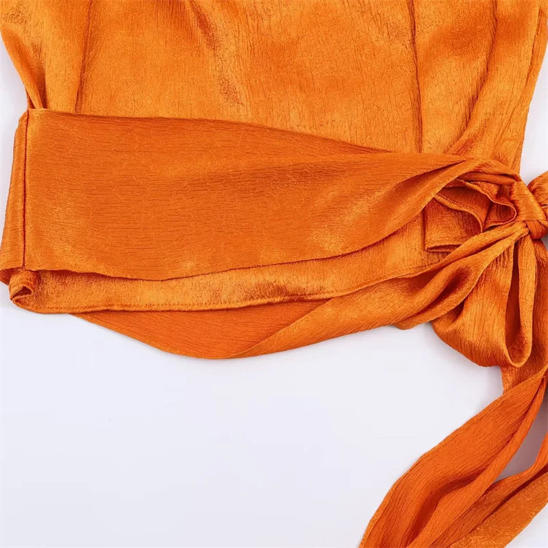 Women’s 2026 Spring Orange Sleeveless Satin Top Long Ribbon Elegant Stylish Fashion Blouse