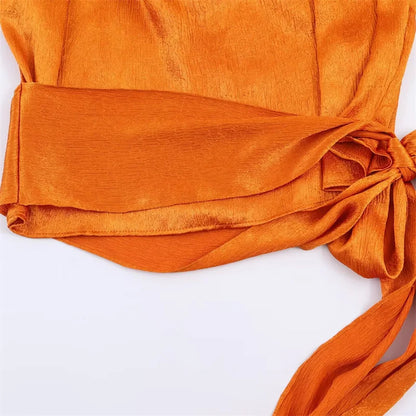 Women’s 2026 Spring Orange Sleeveless Satin Top Long Ribbon Elegant Stylish Fashion Blouse