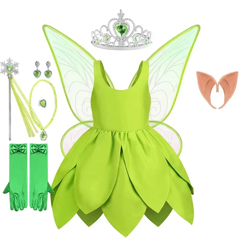 Tinker Bell Fairy Dress for Girls – Fantasy Forest Elf Green Leaf Cosplay Costume for Baby & Kids, Halloween Dress-Up