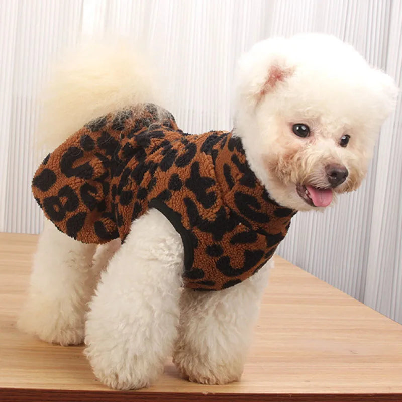 Leopard Print Dog Dress – Warm Fleece Hooded Pullover Coat & Sleeveless Vest for Small Dogs, Cozy Winter Puppy Clothing for Chihuahuas