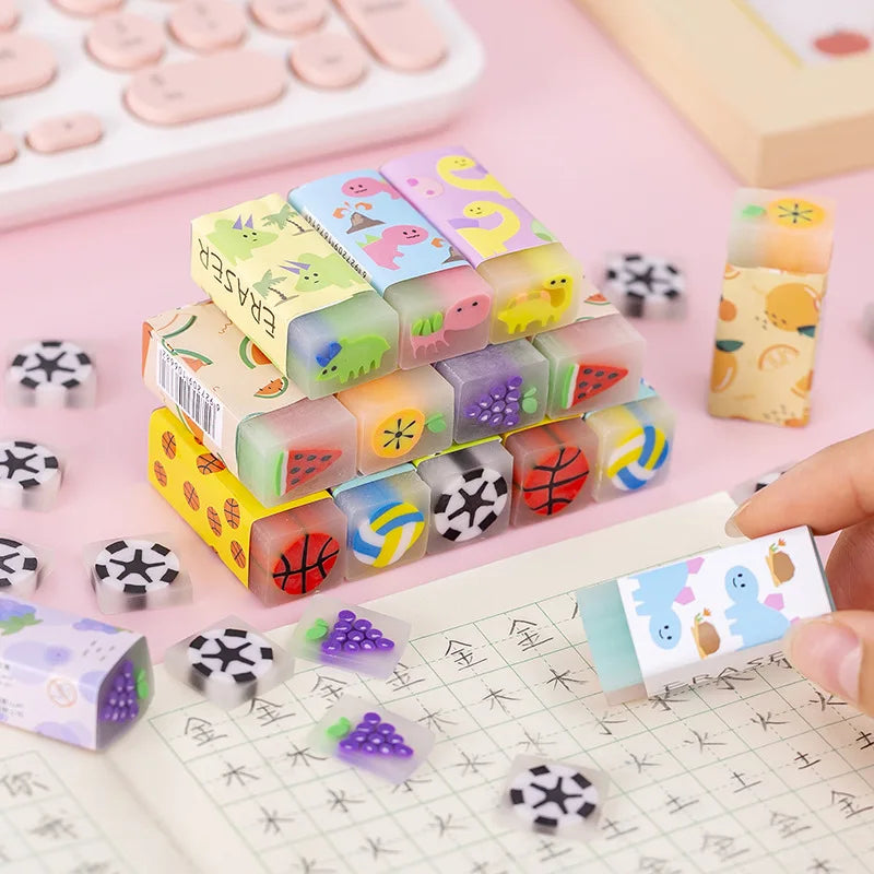 Juego de 12 gomas de borrar de animales bonitos – Borradores de lápiz de dinosaurios, frutas y personajes divertidos para estudiantes, material escolar, accesorios de escritorio, regalos de fiesta y premios