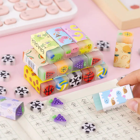 Juego de 12 gomas de borrar de animales bonitos – Borradores de lápiz de dinosaurios, frutas y personajes divertidos para estudiantes, material escolar, accesorios de escritorio, regalos de fiesta y premios