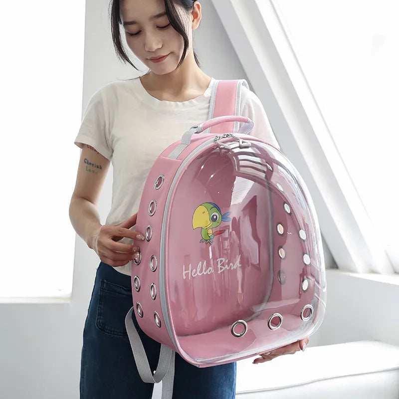 Transparent Bird Carrier Backpack – Portable Birdcage with Perch Platform & Food Cup for Parrots, Cockatiels, Budgies & Lovebirds
