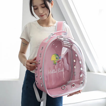 Transparent Bird Carrier Backpack – Portable Birdcage with Perch Platform & Food Cup for Parrots, Cockatiels, Budgies & Lovebirds