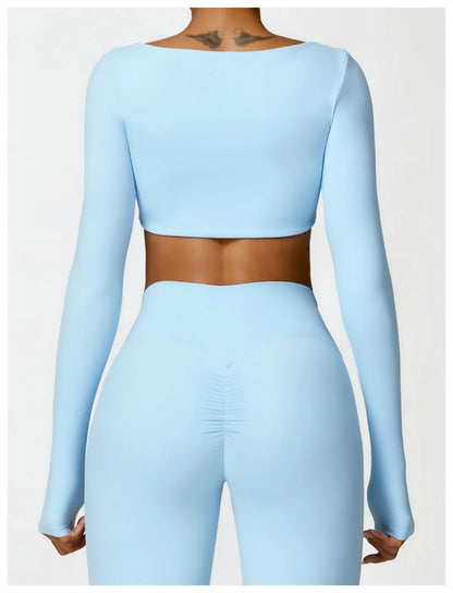 Women’s Square Neck Sports Crop Top – Long Sleeve Quick-Dry Gym Yoga Fitness Activewear