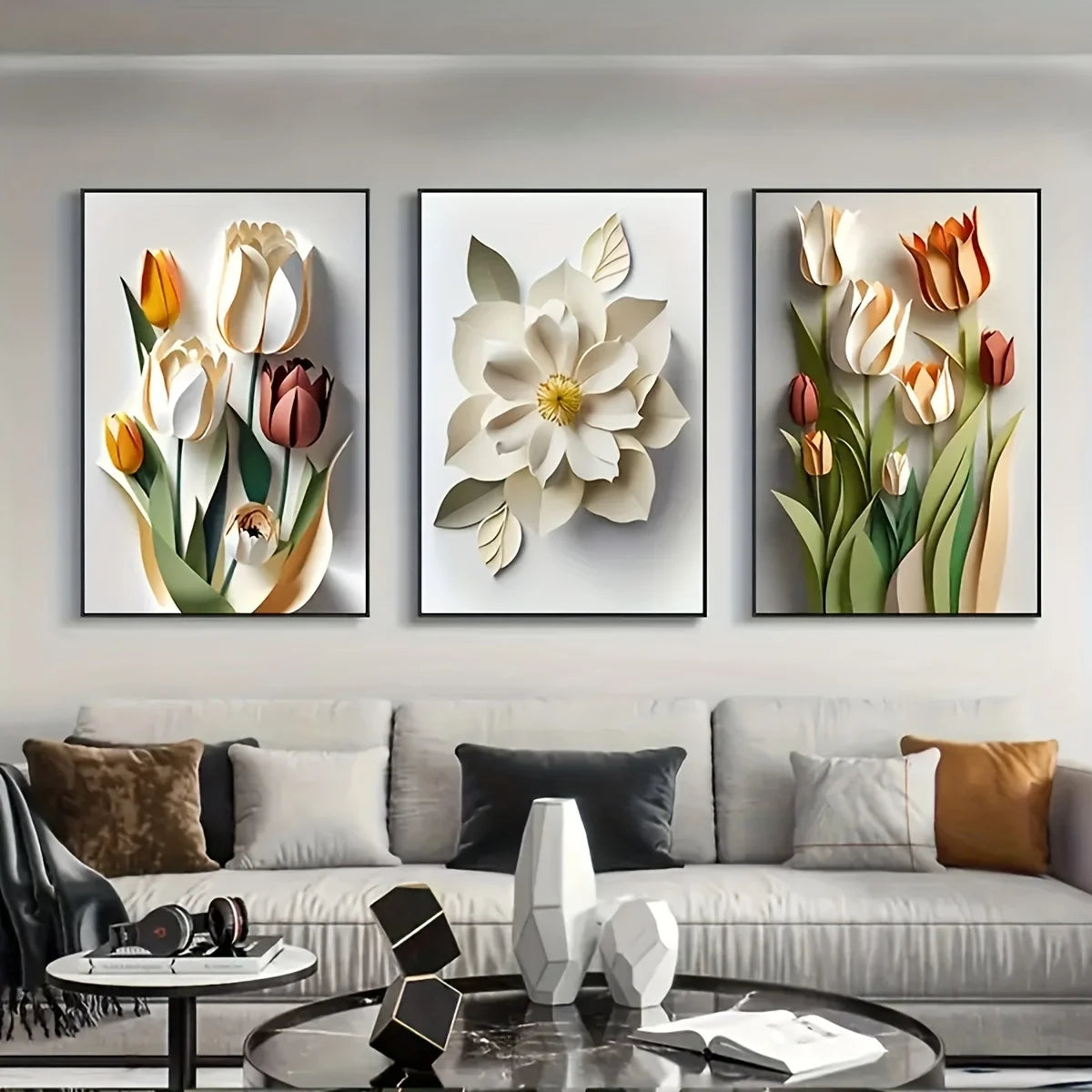 Set of 3 3D Floral Canvas Wall Art Prints – Modern Aesthetic Frameless Flower Posters for Home, Office & Living Room Decor