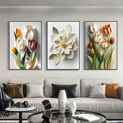 Set of 3 3D Floral Canvas Wall Art Prints – Modern Aesthetic Frameless Flower Posters for Home, Office & Living Room Decor
