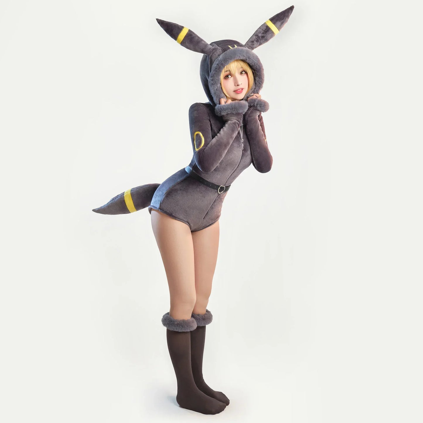 Meowcos Genga Cosplay Costume – Purple Ghost Romper Bodysuit | Hooded Plush Outfit with Belt, Tail & Socks (Halloween / Women)