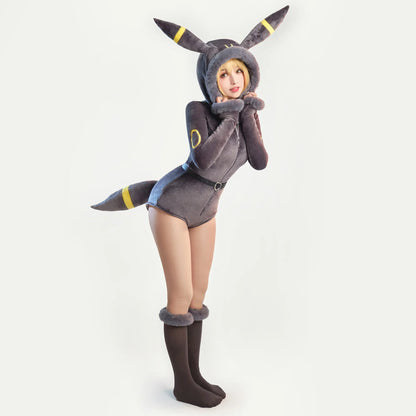 Meowcos Genga Cosplay Costume – Purple Ghost Romper Bodysuit | Hooded Plush Outfit with Belt, Tail & Socks (Halloween / Women)