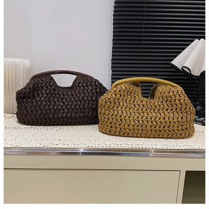 Bolso de playa de lujo de paja tejida para mujer - Bolso de mano de ratán de moda, Bolso de mano de verano para viajes, vacaciones, compras y salidas casuales, Bolso tejido a mano inspirado en el diseñador