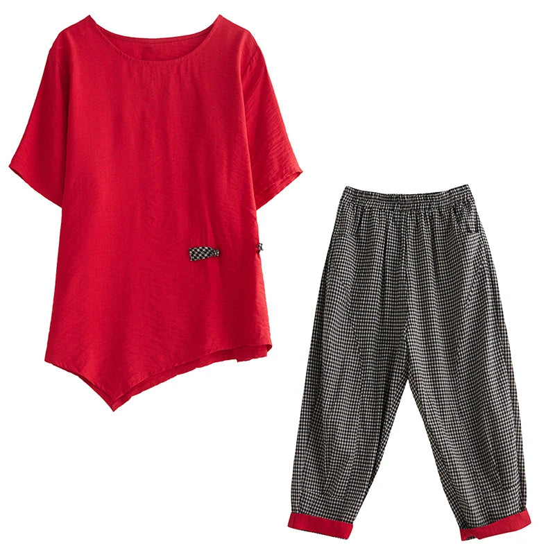 Women's Cotton Linen Two-Piece Set – Summer Wide-Leg Pants & Asymmetric Button Top Chinese-Style Casual Outfit