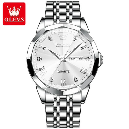 OLEVS 9931 Men’s Quartz Wristwatch – Luxury Diamond-Style Dial, Dual Calendar, Waterproof Design & Stainless Steel Strap
