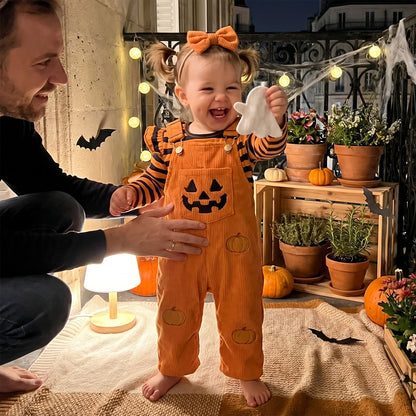 Toddler Girls 3-Piece Halloween Outfit – Long-Sleeve Striped Romper with Pumpkin & Ghost Embroidery, Overalls & Bow Headband