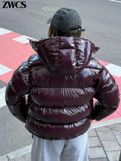 Women’s Glossy Hooded Winter Jacket – Zip-Up Short Cotton-Padded Coat with Elastic Waist & Pleated Design, High-Street Outerwear