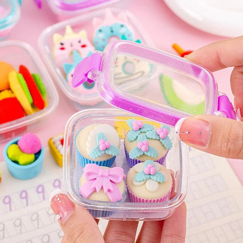 Juego de gomas de borrar creativas para lonchera – Bonitas gomas de borrar de lápiz suaves con temática de comida para estudiantes, útiles escolares, corrección de escritura y divertidos premios de regalo