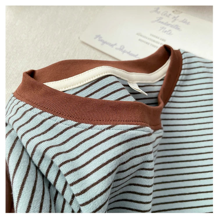 T-shirt rayé rétro à blocs de couleurs pour femmes, à manches longues, col rond, ourlet asymétrique en coton, chemise décontractée de base