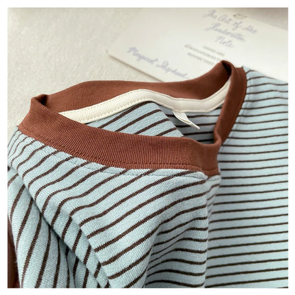 T-shirt rayé rétro à blocs de couleurs pour femmes, à manches longues, col rond, ourlet asymétrique en coton, chemise décontractée de base