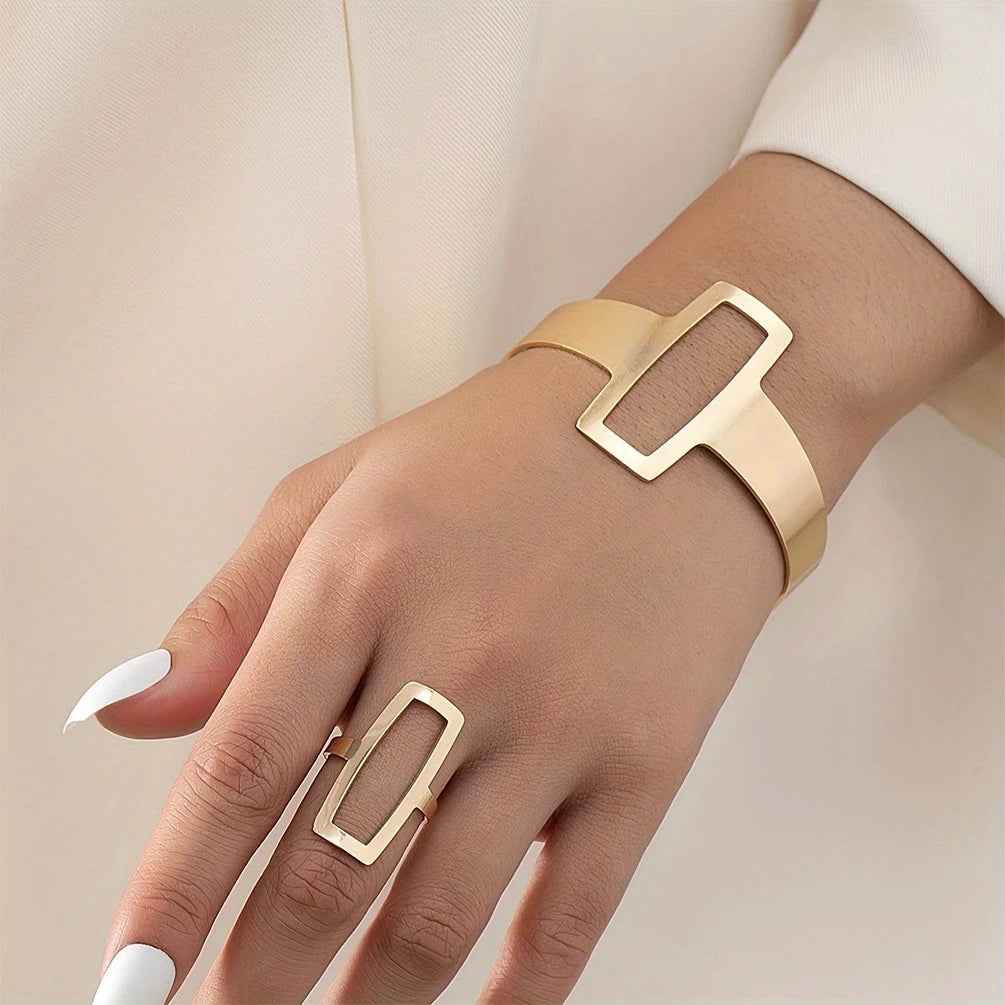 2Pcs Women’s Fashion Geometric Open Bracelet Ring Set Simple Design Trend Holiday Party Gift