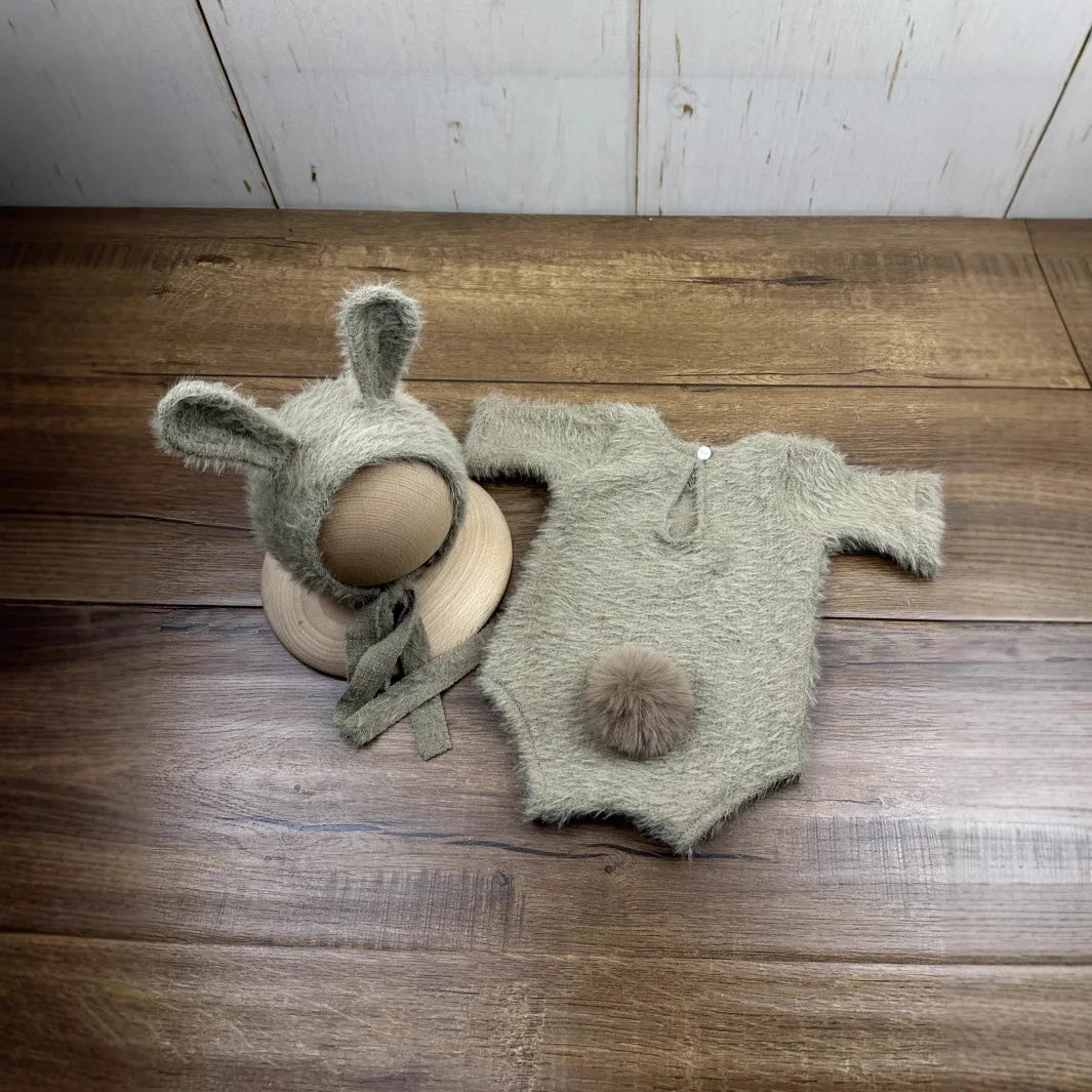 Newborn Photography Props Set – Knitted Rabbit Doll Outfit with Baby Cosplay Glasses, Cute Infant Photoshoot Accessories & Photo Studio Decor