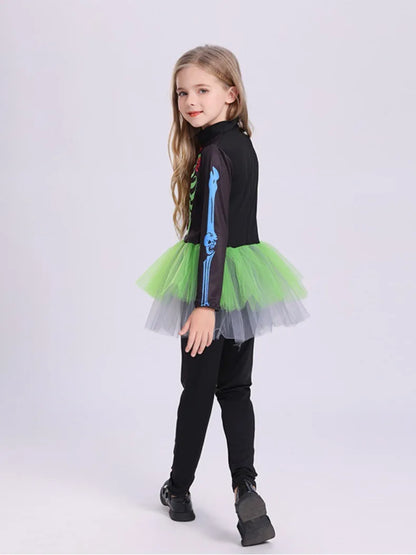 Colorful Skeleton Cosplay Costume for Kids – Girls One-Piece Tight Skirt Dress for Halloween Roleplay & Party Wear