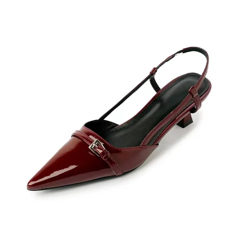 Zapatos de tacón slingback de charol para mujer – Zapatos de vestir de tacón medio con hebilla y punta fina, elegantes sandalias de verano sin cordones