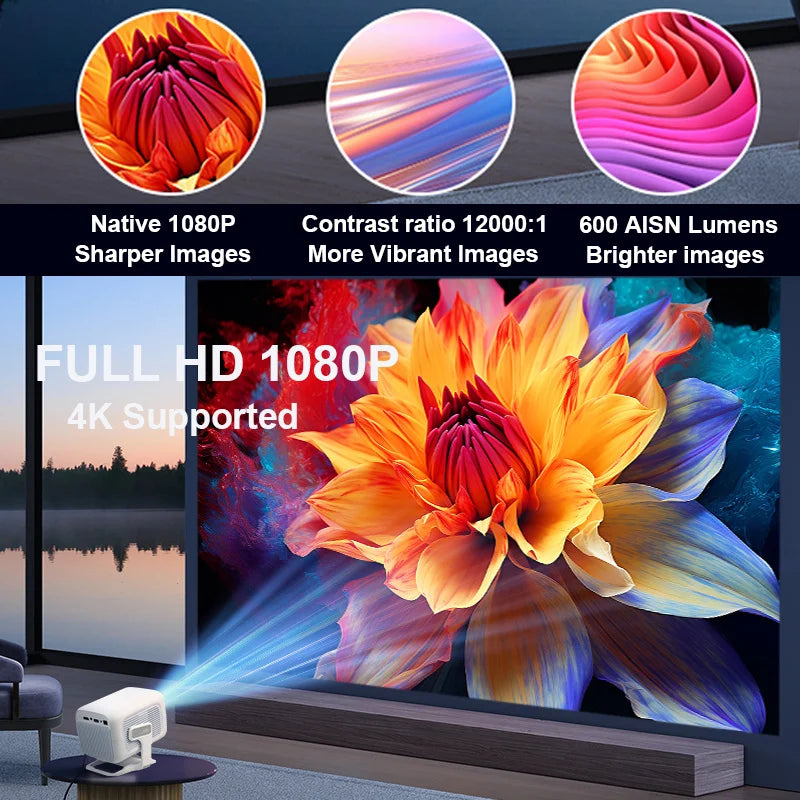 Huaweishi 4K Projector – Portable Android Projector with Native 1080P, 600 ANSI Lumens & Auto Focus for Home Cinema & Outdoor Use