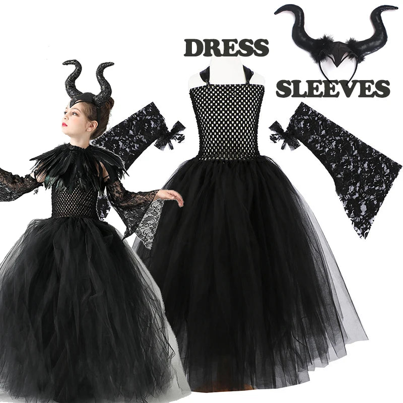 2026 Girls’ Evil Queen Halloween Costume – Black Tulle Mesh Princess Cosplay Dress, Gothic Dress-Up Outfit for Kids’ Halloween Parties