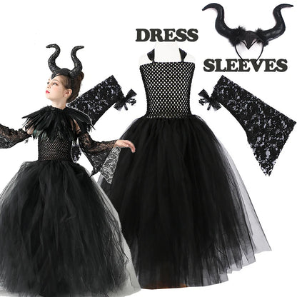 2026 Girls’ Evil Queen Halloween Costume – Black Tulle Mesh Princess Cosplay Dress, Gothic Dress-Up Outfit for Kids’ Halloween Parties