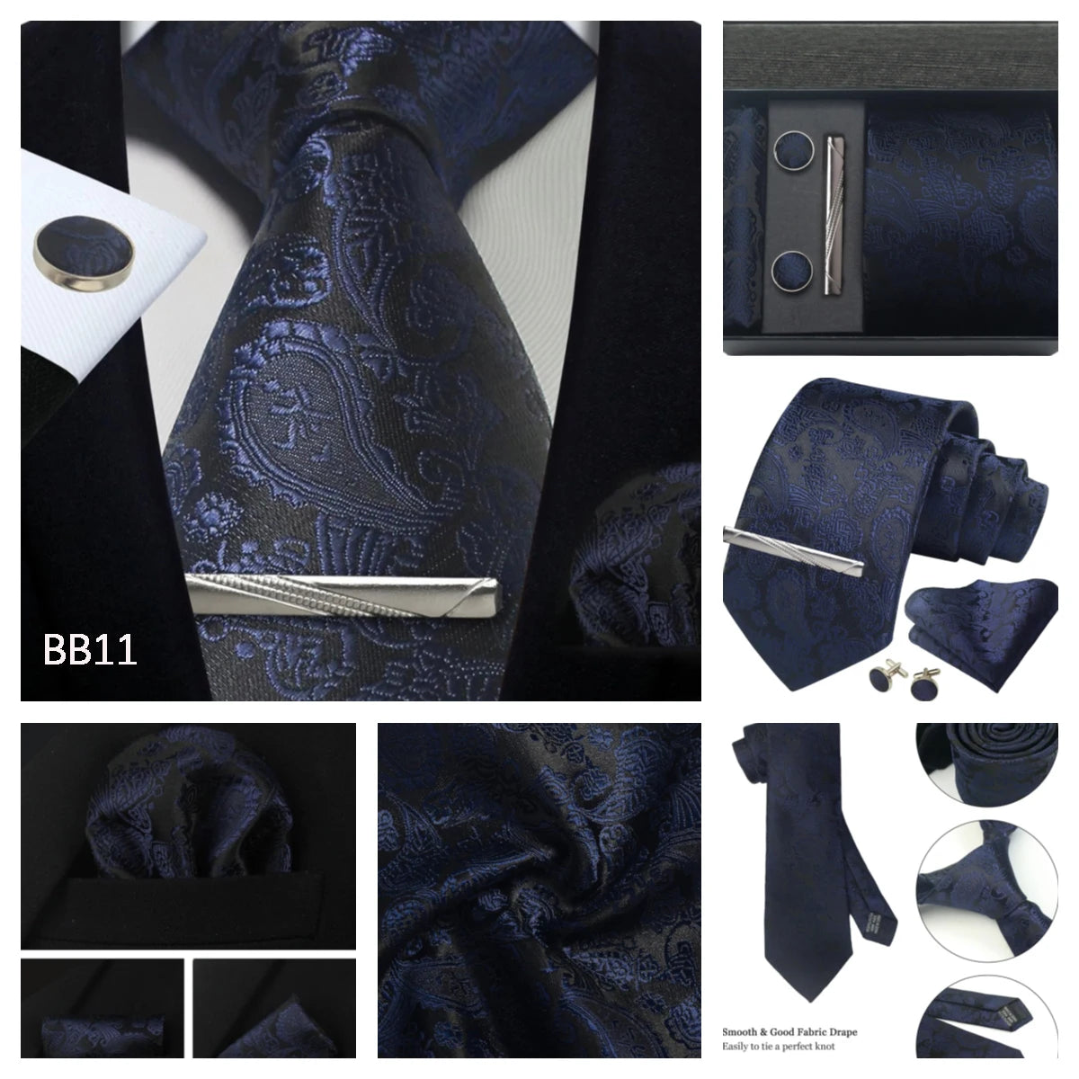 Corbata de seda 100% con diseño floral de Paisley para hombre con pañuelo de bolsillo, pasador de corbata y gemelos en caja de regalo