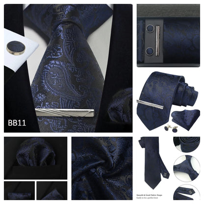Corbata de seda 100% con diseño floral de Paisley para hombre con pañuelo de bolsillo, pasador de corbata y gemelos en caja de regalo