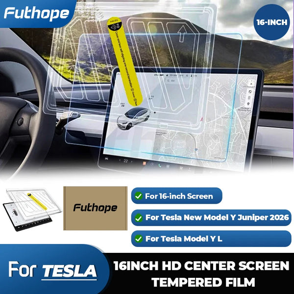 Futhope 16-Inch Tempered Glass Screen Protector for Tesla Model Y & Model YL Juniper (2017–2026) – HD Center Display Protective Film with Installation Tool