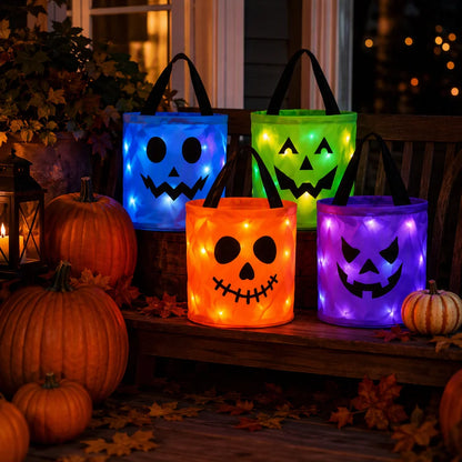 Halloween LED Pumpkin Candy Bucket, Luminous Handheld Fabric Trick or Treat Bag, Light Up Candy Basket for Kids, Halloween Party Decorations and Holiday Gifts