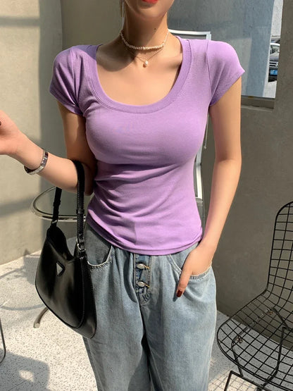 2026 Summer Women’s 100% Cotton Slim T-Shirt Casual Basic O-Neck Solid Korean Style Tee 16 Colors