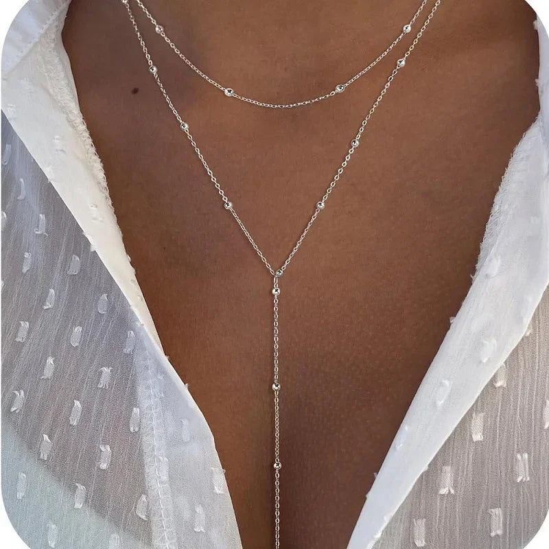 Collar con colgante de borla en Y de circonita cúbica de acero inoxidable – Gargantilla larga elegante para mujeres y niñas | Regalo de joyería de moda