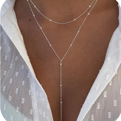 Collar con colgante de borla en Y de circonita cúbica de acero inoxidable – Gargantilla larga elegante para mujeres y niñas | Regalo de joyería de moda