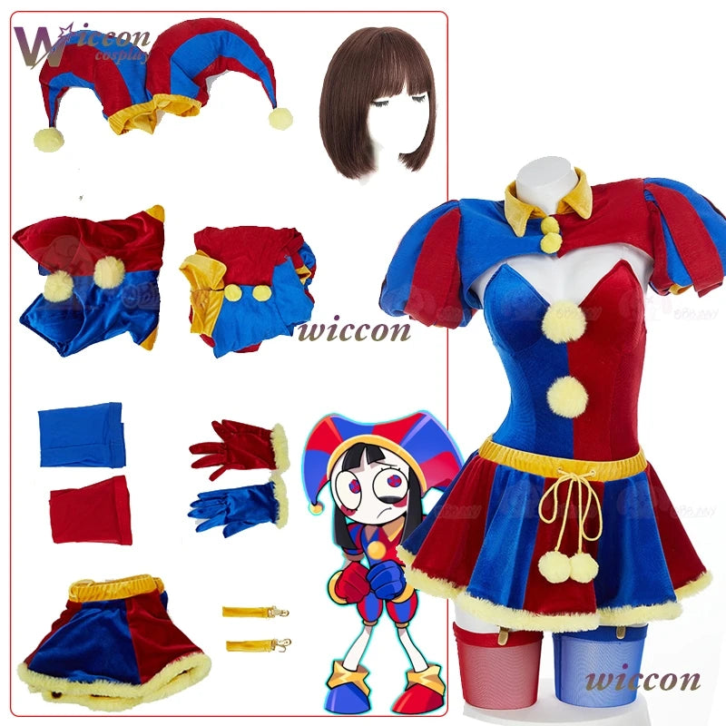 Clown Circus Cosplay Costume – Original Design Adult Set (Pomnii Wig, Hat, Velvet Skirt, Carnival/Christmas Outfit)