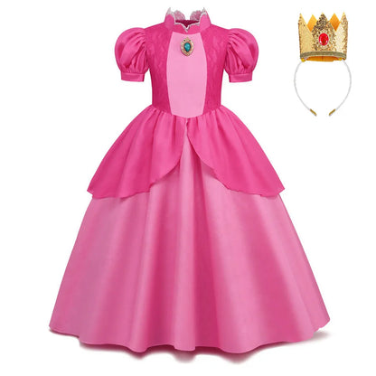 Princess Peach Cosplay Dress – Bubble Sleeve Princess Costume for Kids, Summer Halloween & Christmas Party Outfit