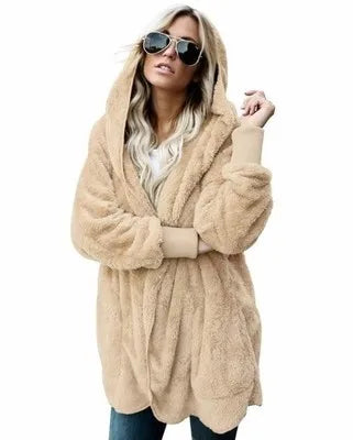 Women’s Double-Fleece Hooded Cardigan Jacket – Solid Color Plush Warm Coat with Long Sleeves, Oversized Autumn & Winter Outerwear