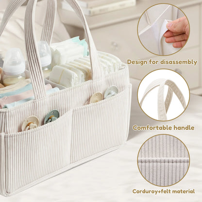 Panier de rangement pliable en velours côtelé avec poignées pour couches, essentiels et accessoires de nouveau-né