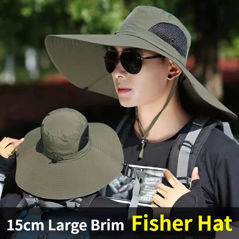 15cm Large Brim Polyester Sun Hat – UV Protection Breathable Mesh Fishing Cap, Foldable Outdoor Hat for Hiking & Beach